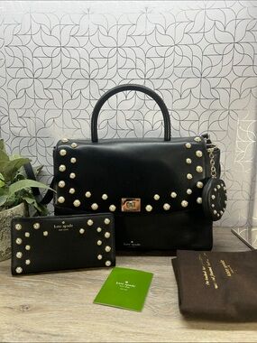 6552 kate spade Black Leather Satchel with Pearl Studs 270936552